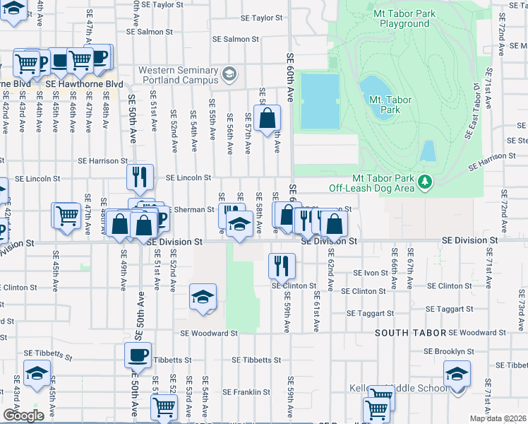 map of restaurants, bars, coffee shops, grocery stores, and more near 2225 Southeast 58th Avenue in Portland