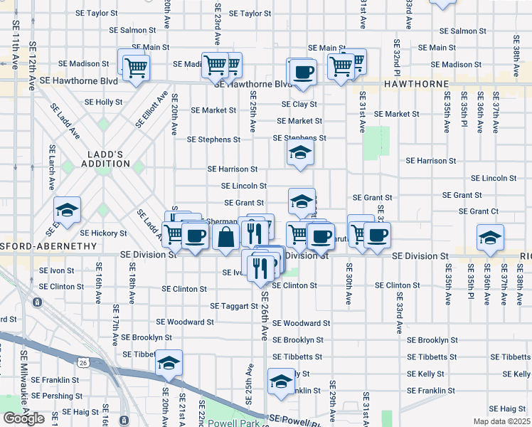 map of restaurants, bars, coffee shops, grocery stores, and more near 2203 Southeast 26th Avenue in Portland