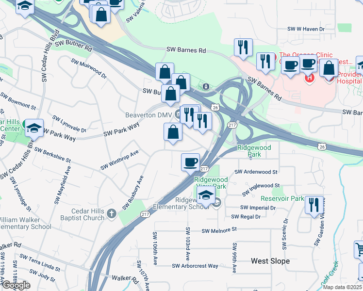 map of restaurants, bars, coffee shops, grocery stores, and more near 10010 SW Wilshire St in Portland