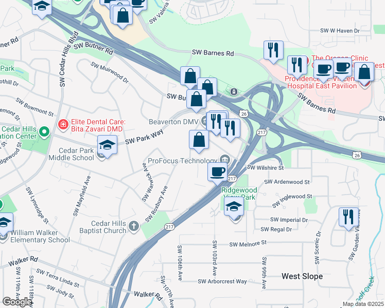 map of restaurants, bars, coffee shops, grocery stores, and more near 1800 Southwest Marlow Avenue in Portland