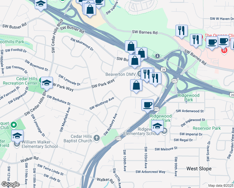 map of restaurants, bars, coffee shops, grocery stores, and more near 10775 Southwest Wedgewood Street in Portland