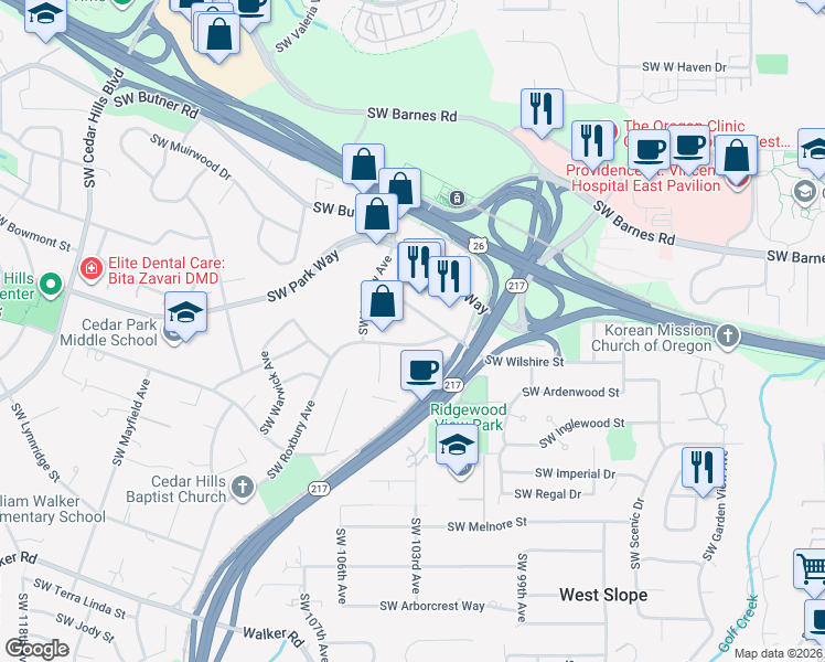 map of restaurants, bars, coffee shops, grocery stores, and more near 10010 SW Wilshire St in Portland