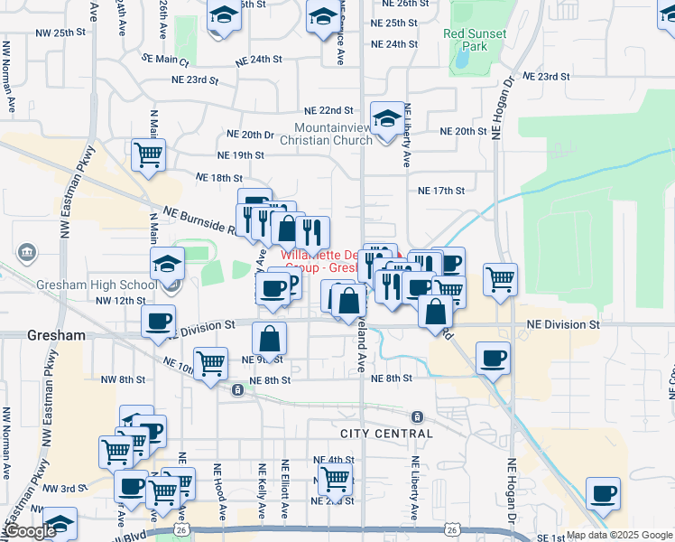 map of restaurants, bars, coffee shops, grocery stores, and more near 752 Northeast Burnside Road in Gresham