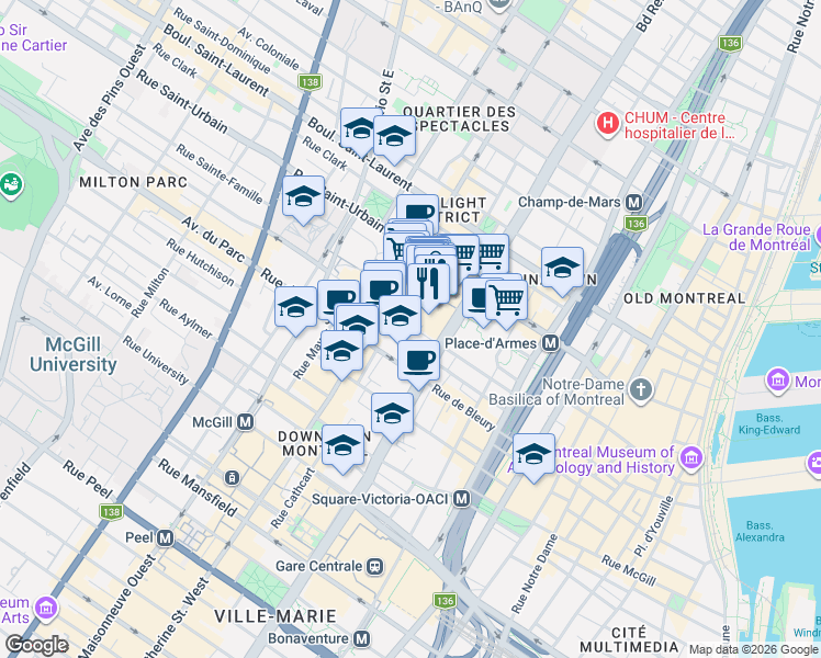 map of restaurants, bars, coffee shops, grocery stores, and more near 1210 Rue Jeanne-Mance in Montréal