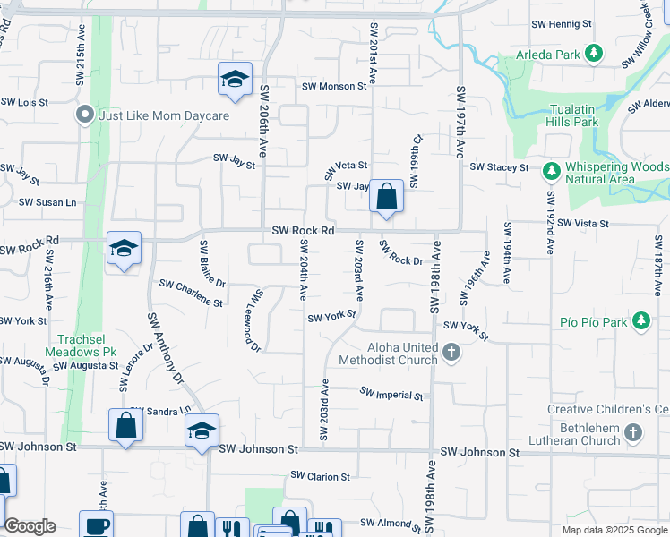 map of restaurants, bars, coffee shops, grocery stores, and more near 20360 Southwest Rock Court in Beaverton