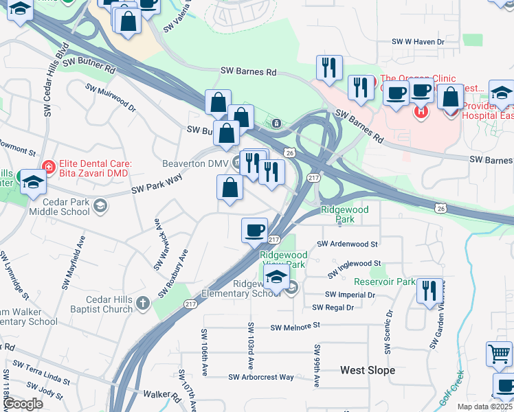 map of restaurants, bars, coffee shops, grocery stores, and more near 10010 SW Wilshire St in Portland