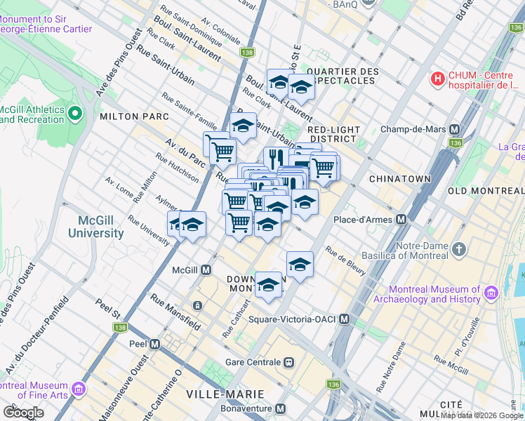 map of restaurants, bars, coffee shops, grocery stores, and more near 360 Rue Mayor in Montréal