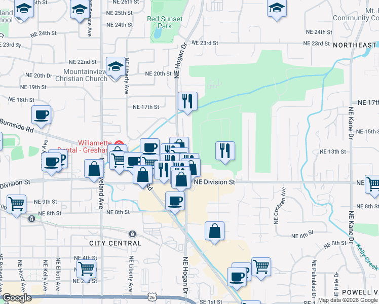 map of restaurants, bars, coffee shops, grocery stores, and more near 1308 Northeast Hogan Drive in Gresham
