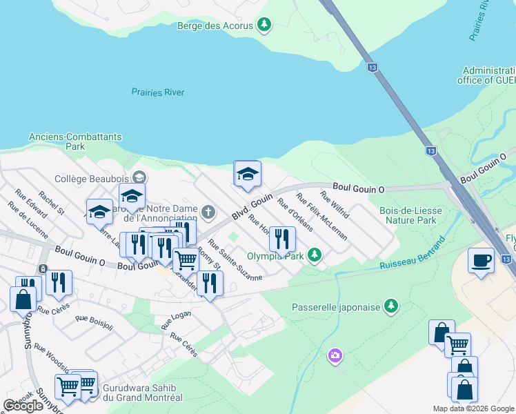 map of restaurants, bars, coffee shops, grocery stores, and more near 9486 Boulevard Gouin Ouest in Montréal