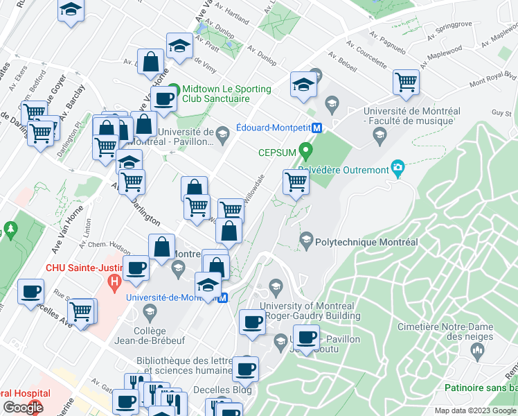 map of restaurants, bars, coffee shops, grocery stores, and more near 2455 Edouard Montpetit Boulevard in Montreal