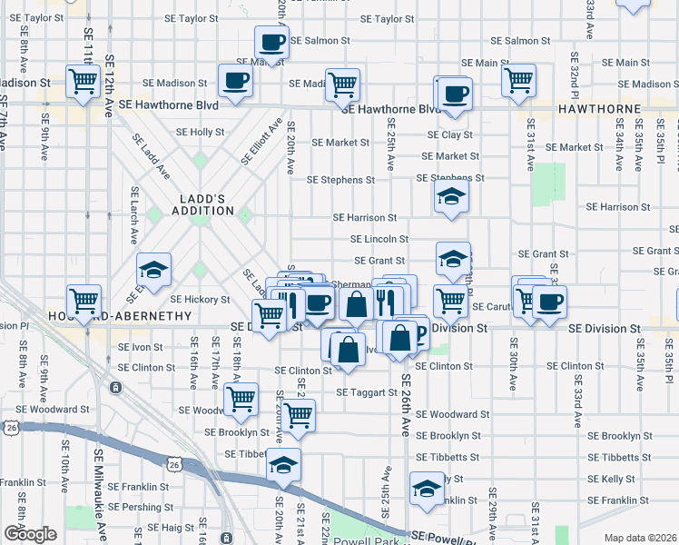 map of restaurants, bars, coffee shops, grocery stores, and more near 2222 Southeast 22nd Avenue in Portland