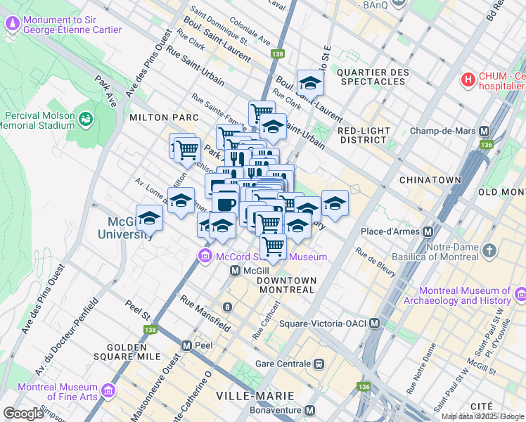 map of restaurants, bars, coffee shops, grocery stores, and more near in Montreal