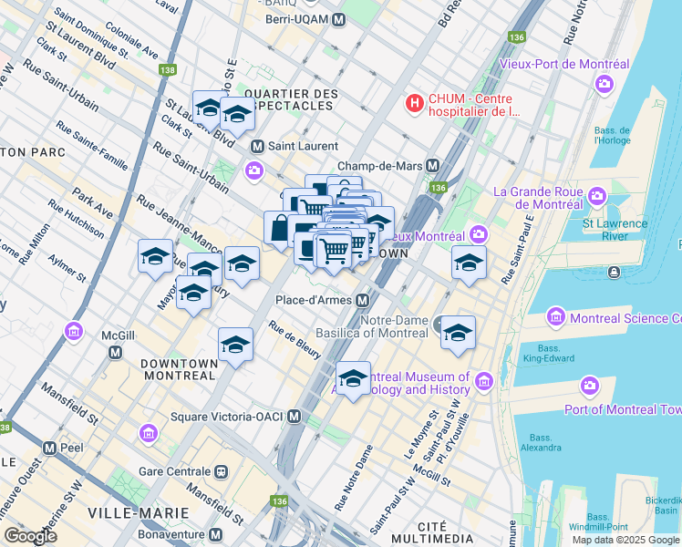map of restaurants, bars, coffee shops, grocery stores, and more near 108 Rue De la Gauchetière Ouest in Montréal