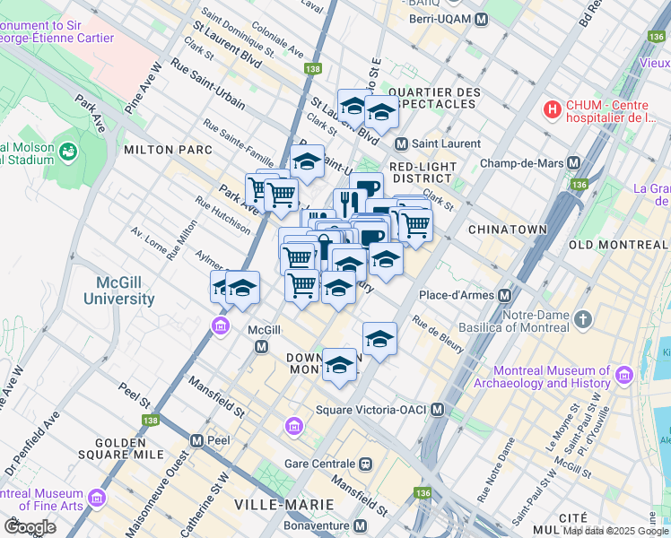 map of restaurants, bars, coffee shops, grocery stores, and more near 1434 Rue de Bleury in Montréal