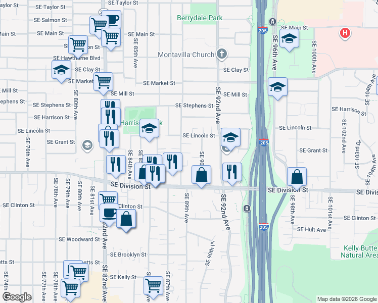 map of restaurants, bars, coffee shops, grocery stores, and more near 2143 Southeast 90th Avenue in Portland