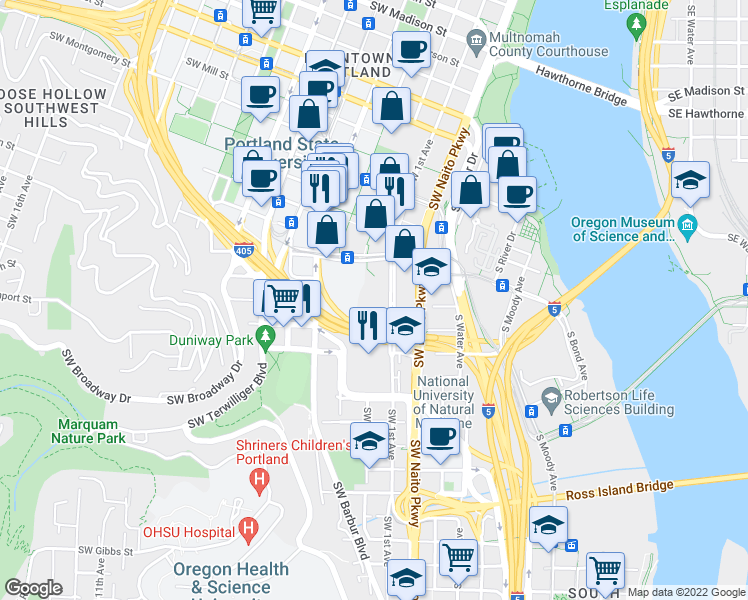 map of restaurants, bars, coffee shops, grocery stores, and more near 2221 Southwest 1st Avenue in Portland