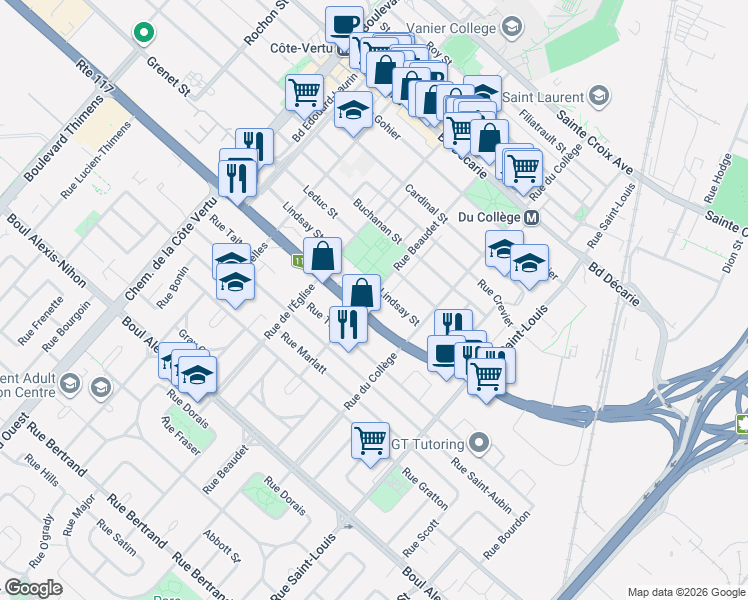 map of restaurants, bars, coffee shops, grocery stores, and more near 1820 Rue Beaudet in Montréal