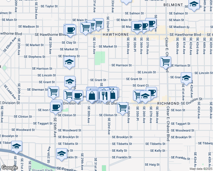 map of restaurants, bars, coffee shops, grocery stores, and more near 2216 Southeast 32nd Avenue in Portland