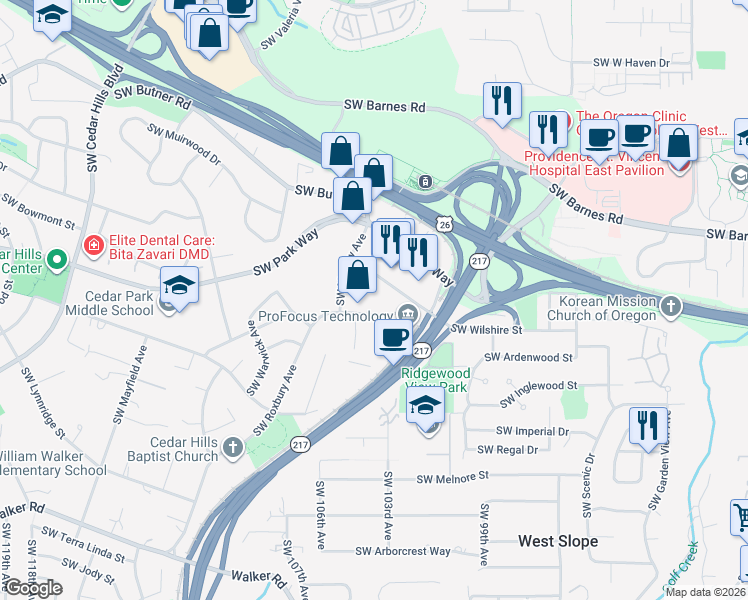 map of restaurants, bars, coffee shops, grocery stores, and more near 10010 SW Wilshire St in Portland