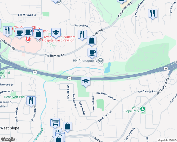 map of restaurants, bars, coffee shops, grocery stores, and more near 1807 Southwest Golf Creek Drive in Portland