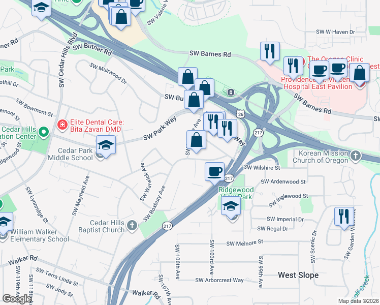 map of restaurants, bars, coffee shops, grocery stores, and more near 1826 Southwest Marlow Avenue in Portland