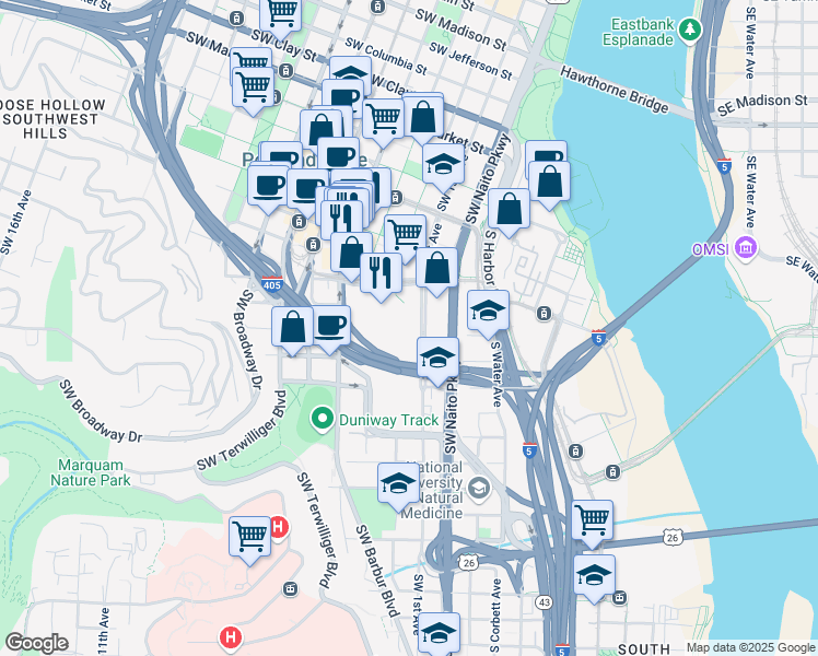 map of restaurants, bars, coffee shops, grocery stores, and more near 1309 Southwest 1st Avenue in Portland