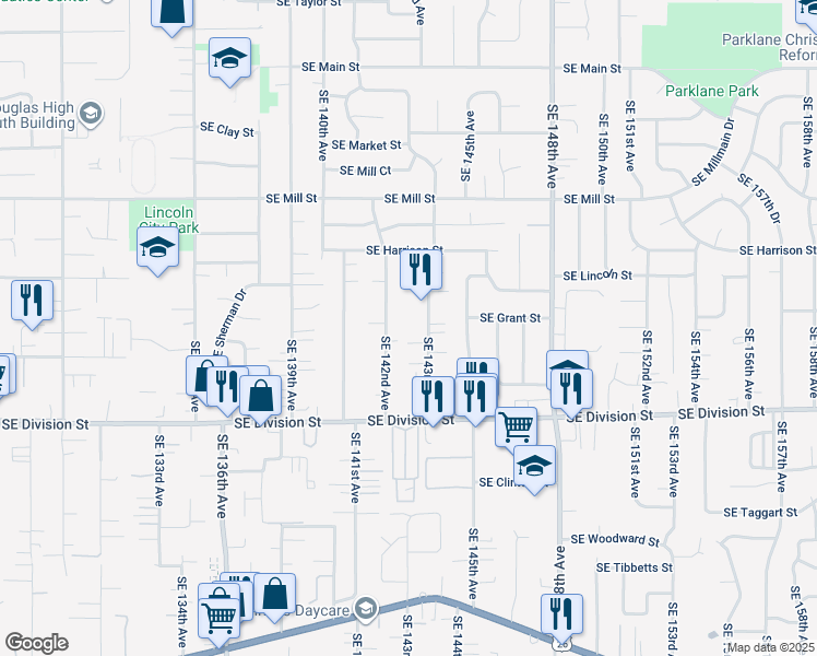 map of restaurants, bars, coffee shops, grocery stores, and more near 2217 Southeast 143rd Avenue in Portland