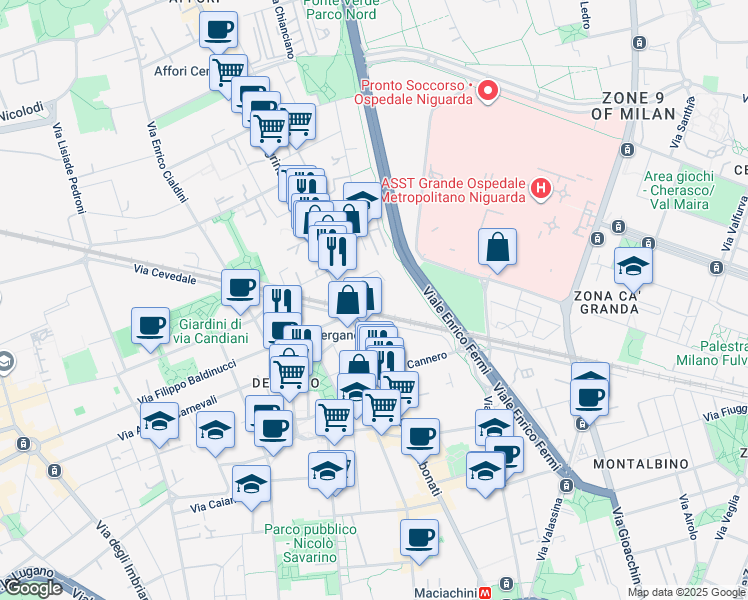 map of restaurants, bars, coffee shops, grocery stores, and more near 3 Via Valeggio in Milano