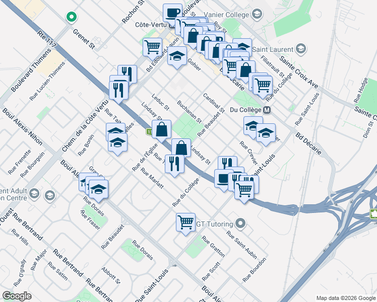 map of restaurants, bars, coffee shops, grocery stores, and more near 1820 Rue Beaudet in Montréal