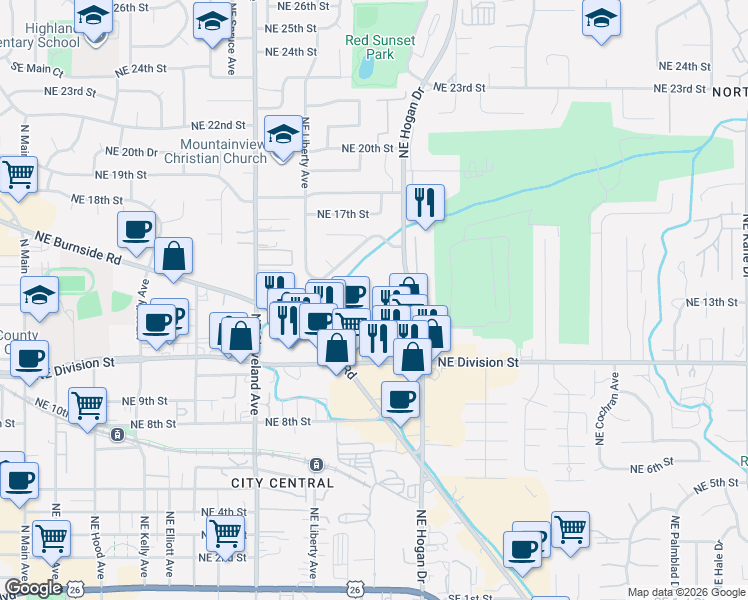 map of restaurants, bars, coffee shops, grocery stores, and more near 1616 Northeast 16th Way in Gresham