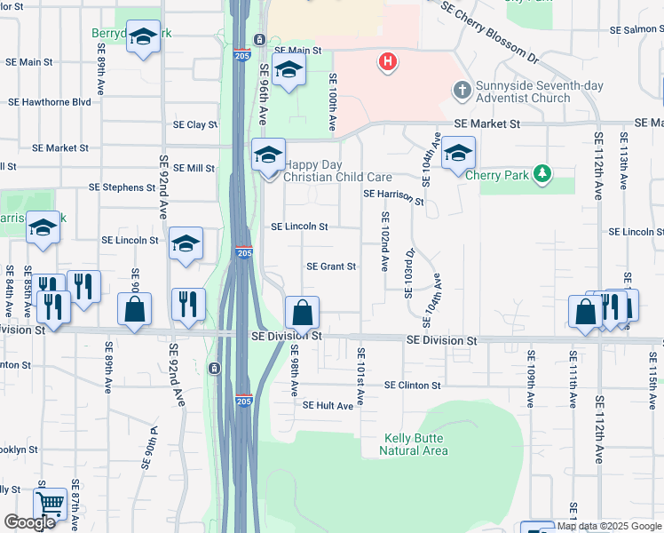 map of restaurants, bars, coffee shops, grocery stores, and more near 10001 Southeast Grant Street in Portland