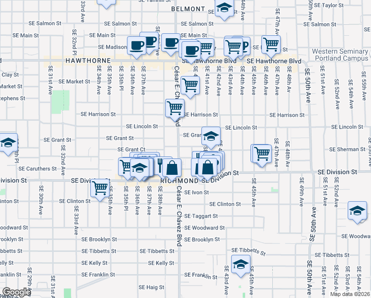 map of restaurants, bars, coffee shops, grocery stores, and more near 3923 Southeast Grant Court in Portland