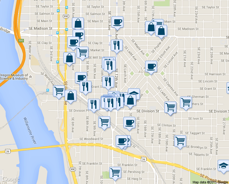 map of restaurants, bars, coffee shops, grocery stores, and more near in Portland