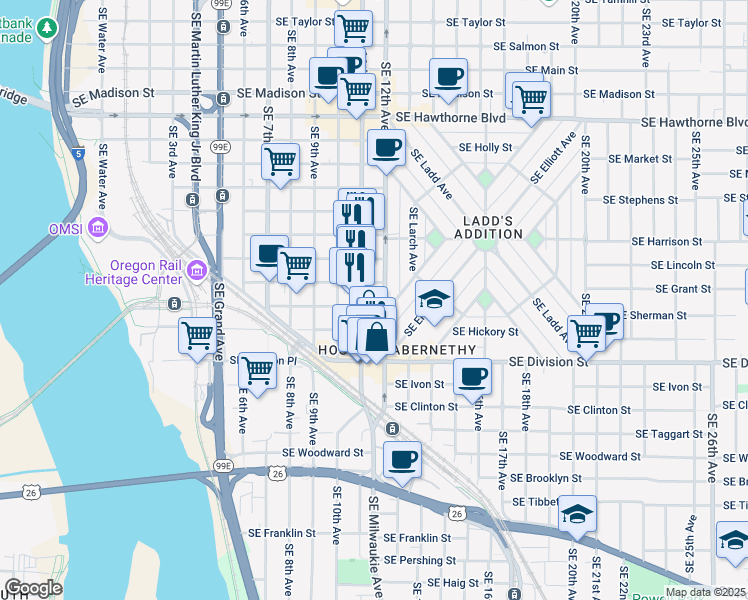 map of restaurants, bars, coffee shops, grocery stores, and more near in Portland