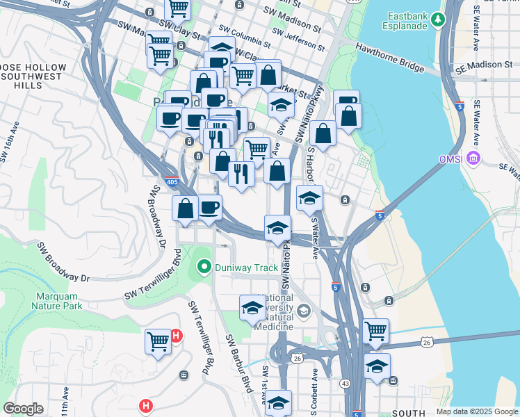 map of restaurants, bars, coffee shops, grocery stores, and more near 1309 Southwest 1st Avenue in Portland