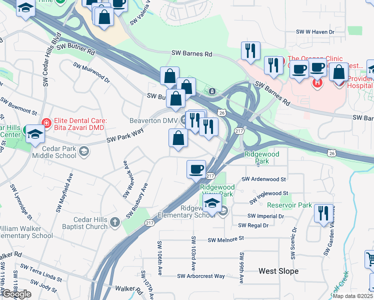 map of restaurants, bars, coffee shops, grocery stores, and more near 10010 SW Wilshire St in Portland