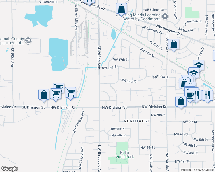 map of restaurants, bars, coffee shops, grocery stores, and more near 2122 Northwest 14th Street in Gresham