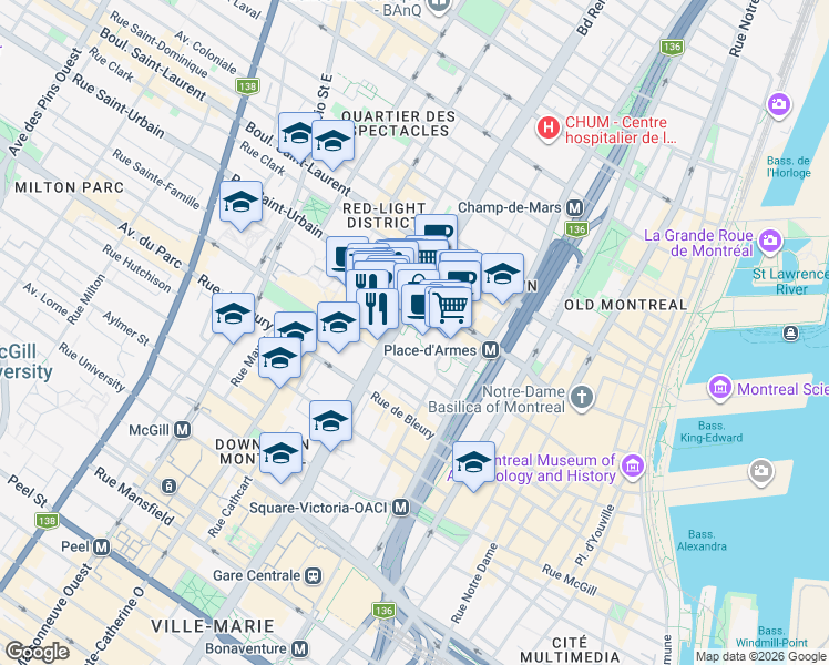 map of restaurants, bars, coffee shops, grocery stores, and more near in Montreal