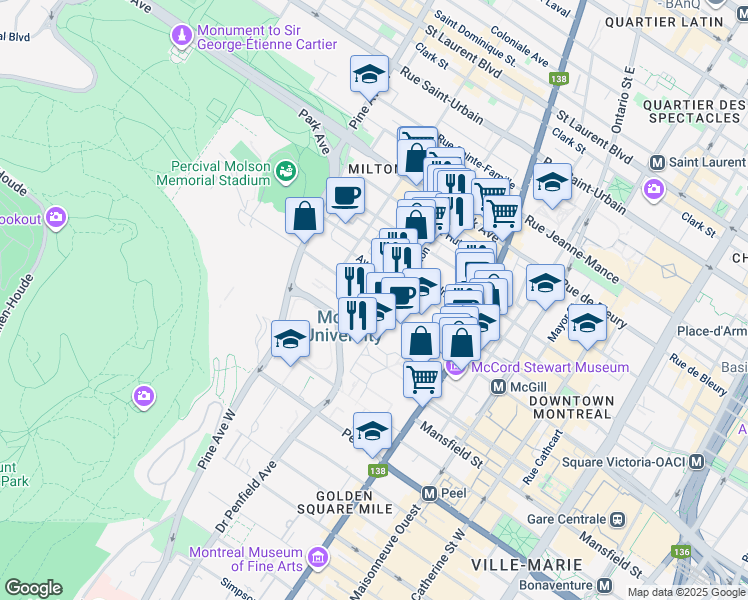 map of restaurants, bars, coffee shops, grocery stores, and more near 3521 University Street in Montreal