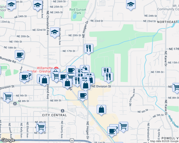 map of restaurants, bars, coffee shops, grocery stores, and more near 1312 Northeast Hogan Drive in Gresham