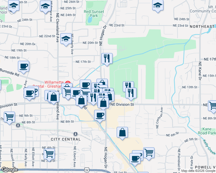 map of restaurants, bars, coffee shops, grocery stores, and more near 1312 Northeast Hogan Drive in Gresham