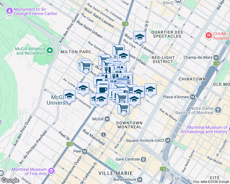 map of restaurants, bars, coffee shops, grocery stores, and more near 441 Avenue du Président Kennedy in Montreal