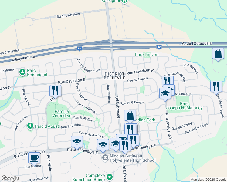 map of restaurants, bars, coffee shops, grocery stores, and more near 771 Boulevard Labrosse in Gatineau