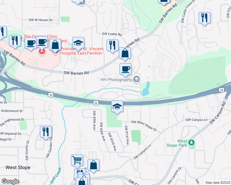 map of restaurants, bars, coffee shops, grocery stores, and more near 8267 Southwest Pointer Way in Portland