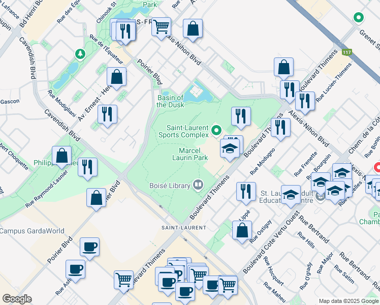 map of restaurants, bars, coffee shops, grocery stores, and more near 2345 Boulevard Thimens in Montréal