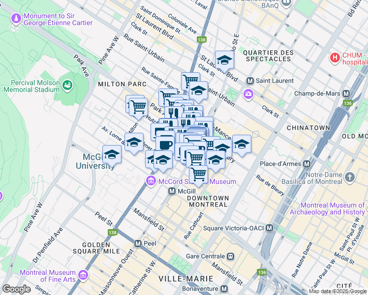map of restaurants, bars, coffee shops, grocery stores, and more near in Montreal