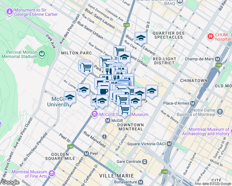 map of restaurants, bars, coffee shops, grocery stores, and more near 441 Avenue du Président-Kennedy in Montréal