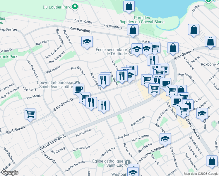 map of restaurants, bars, coffee shops, grocery stores, and more near 12127 Boulevard Gouin Ouest in Montréal