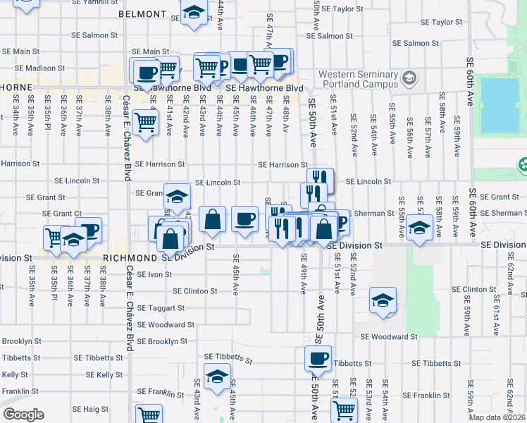 map of restaurants, bars, coffee shops, grocery stores, and more near 2245 Southeast 47th Avenue in Portland