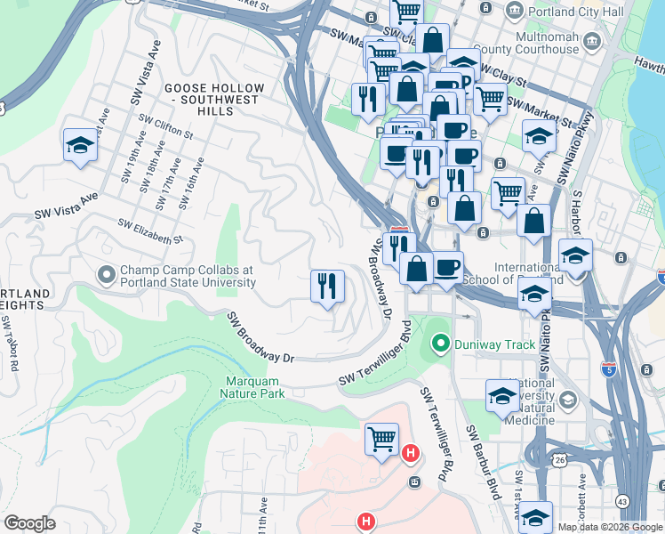 map of restaurants, bars, coffee shops, grocery stores, and more near 2562 Southwest Buckingham Avenue in Portland